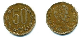 Чили 50 песо 1997 Бернардо О’Хиггинс KM 219.2 алюминиевая бронза 36-834