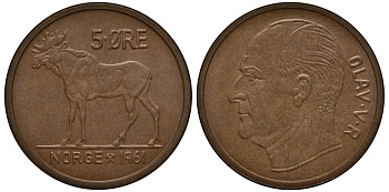 НОРВЕГИЯ 5 ЭРЕ 1961 ЛОСЬ, УЛАФ V (1957-1991) KM 405 бронза 32-1026