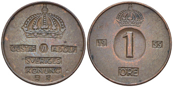 Швеция 1 эре 1955 TS, Густав VI Адольф (1950-1973) KM 820 бронза 4181-1239