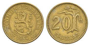 Финляндия 20 марок 1954 KM 39 алюминиевая бронза 4637-436