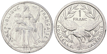 Французская Новая Каледония 1 франк 2013 птица кагу, (IEOM) KM 10, Schoen 10 алюминий 31-931