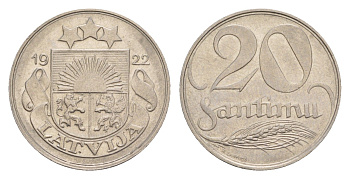 Латвия 20 сантимов 1922 год-тип KM 5 никель    4658-1246