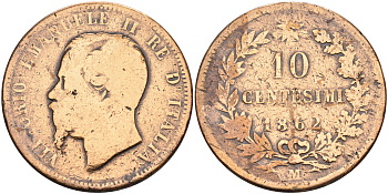 Италия 10 чентезимо 1862 М, Виктор Эммануил II (1861-1878) KM 11.1 медь    4140-1212