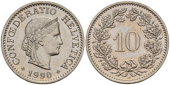 Швейцария 10 раппенов 1990 B KM 27 медно-никель 4189-433