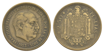 Испания 2 1/2 песеты 1953 (56) Франсиско Франко (1939-1975) KM 785 алюминиевая бронза 4586-747