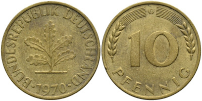 ФРГ 10 пфеннигов 1970 G KM 108 сталь плакированная латунью 4171-423