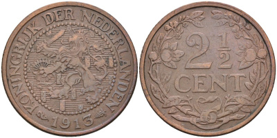 Нидерланды 2 1/2 цента 1913 Вильгельмина (1890-1948) KM 150 бронза 4116-316