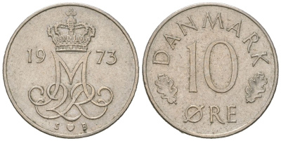 Дания 10 эре 1973 S; S, Маргрете II (1972-) KM 860 медно-никель aUNC 211-269