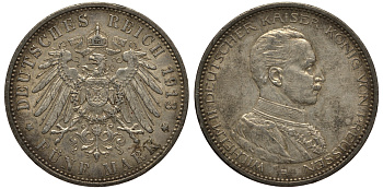 Пруссия 5 марок 1913 Вильгельм II в мундире KM 536, J.114 серебро 3711-425