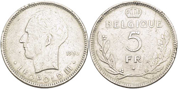 Бельгия 5 франков 1936 Леопольд III (1934-1951), Belgique KM 118 никель 3851-445