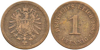 ГЕРМАНИЯ 1 ПФЕННИГ 1889 A, СТАРОГЕРБОВКА KM 1, J. 1, Weege 1 медь 206-1263