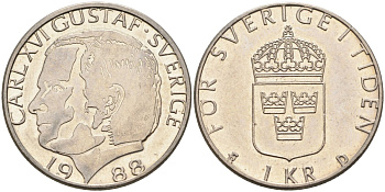 Швеция 1 крона 1988 Карл XVI Густав (1973- ) KM 852а медно-никель 4582-512