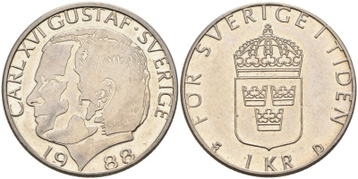 Швеция 1 крона 1988 Карл XVI Густав (1973- ) KM 852а медно-никель 4582-512