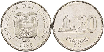 ЭКВАДОР 20 СУКРЕ 1988 МОНУМЕНТ KM 94.1 сталь плакированная никелем 58-226