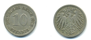 ГЕРМАНИЯ 10 ПФЕННИГОВ 1906 A KM 12, J. 13 медно-никель 80-256