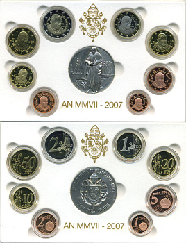 Ватикан евронабор из 8 монет + серебряная медаль 2007 Бенедикт XVI, в оригинальной коробке, с сертификатом KM PS 20 биметалл PROOF 5-4-6-04