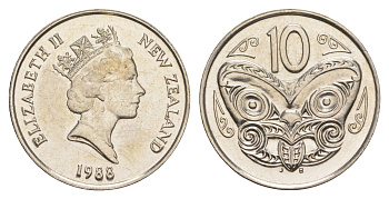Новая Зеландия 10 центов 1988 Елизавета II (1952-2022), маска маори KM 61 медно-никель UNC 4652-652