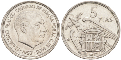 ИСПАНИЯ 5 ПЕСЕТ 1957 (73) ФРАНСИСКО ФРАНКО ДИКТАТОР ИСПАНИИ (1939-1975) KM 786 медно-никель 176-1013