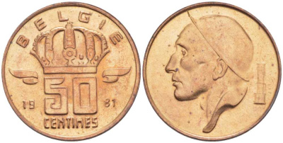 БЕЛЬГИЯ 50 САНТИМОВ 1981 BELGIE, БОДУЭН I (1951-1993) KM 149.1 бронза UNC 214-644