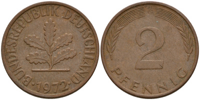 ФРГ 2 пфеннига 1972 G J.381a, KM 106a сталь плакированная медью    4598-817
