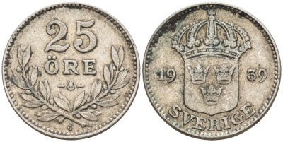 Швеция 25 эре 1939 G, Густав V (1907-1950) KM 785 серебро 4147-946