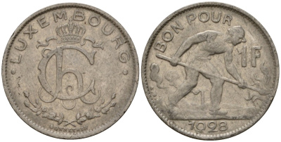 Люксембург 1 франк 1928 сталевар, Шарлотта (1918-1964) KM 35 никель 4603-1051