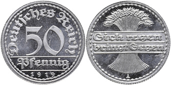 Германия 50 пфеннигов 1919 A KM 27, J. 301 алюминий PROOF 00-817-19