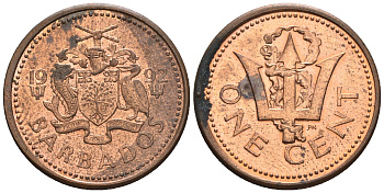 Барбадос 1 цент 1992 сломанный трезубец Британии KM 10а цинк плакированный медью 220-924