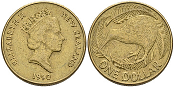 Новая Зеландия 1 доллар 1990 Елизавета II (1952-2022), птица киви KM 78 алюминиевая бронза 24-757