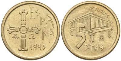 Испания 5 песет 1995 Хуан Карлос I (1975-2014), Астурия (ASTURIAS), крест KM 946 алюминиевая бронза 4602-1111