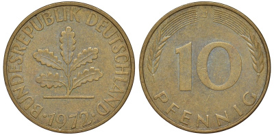 ФРГ 10 пфеннигов 1972 J KM 108, J. 383 сталь плакированная латунью 4132-551