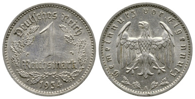 ГЕРМАНИЯ 1 РЕЙХСМАРКА 1934 А KM 78, J. 354 никель 4380-522