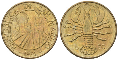 Сан-Марино 20 лир 1974 рак KM 34 алюминиевая бронза UNC 4571-826