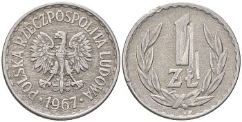 Польша 1 злотый 1967 MW, самый редкий год выпуска - 1002000 Y 49.1 алюминий 4616-747