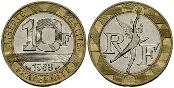 Франция 10 франков 1988 тип гений Бастилии KM 964.1, Le Franc 375.2 биметалл 4135-532
