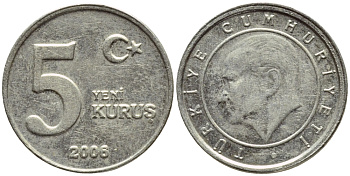ТУРЦИЯ 5 КУРУШЕЙ 2006 KM 1165 медь никель цинк 4396-541