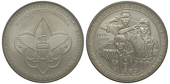 США 1 доллар 2010 P, 100 лет бойскаутам KM 480 серебро UNC 02-262-25