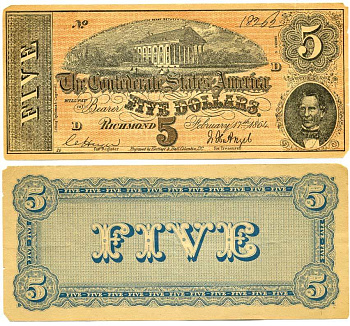 КОНФЕДЕРАТИВНЫЕ ШТАТЫ АМЕРИКИ 5 ДОЛЛАРОВ 1864 ШТАТ РИЧМОНД, КОПИЯ, ЭМИТАЦИЯ бумага 7523-24-3