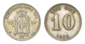 Швеция 10 эре 1903 EB, Оскар II (1872-1907) KM 755 серебро 4615-327