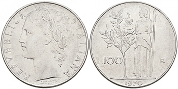 ИТАЛИЯ 100 ЛИР 1970 R АФИНА KM 96.1 сталь 3855-811
