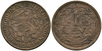Нидерланды 1 цент 1941 Вильгельмина (1890-1948) KM 152 бронза 4576-1152