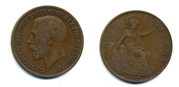 Великобритания 1 пенни 1919 Георг V (1910-1936) KM 810, Spink 4051 бронза 47-216