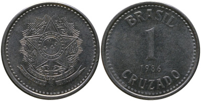 Бразилия 1 крузадо 1986 KM 605, Schon 114 нержавеющая сталь 4577-1153