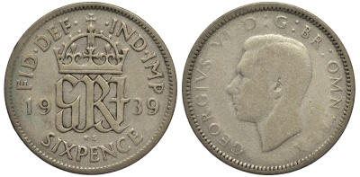 Великобритания 6 пенсов 1939 Георг VI (1936-1952) KM 852, Spink 4084 серебро 4538-435