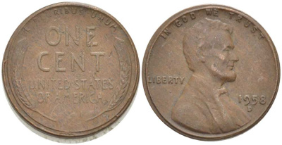 США 1 ЦЕНТ 1958 D, ЛИНКОЛЬН KM А132 медь цинк 3309-1223