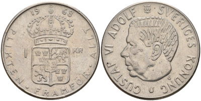 Швеция 1 крона 1968 U, Густав VI Адольф (1950-1973) KM 826 серебро 4150-242