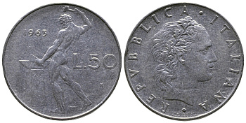 Италия 50 лир 1963 R, бог огня Вулкан у наковальни KM 95.1 нержавеющая сталь 85-112