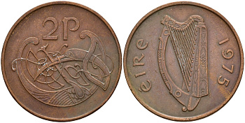 Ирландия 2 пенсов 1975 Виньетка в виде стилизованной птицы из второй библии Карла II Лысого KM 21 бронза 4140-236