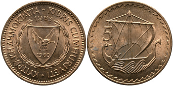 Кипр 5 милсов 1963 парусник KM 39 бронза aUNC 33-756