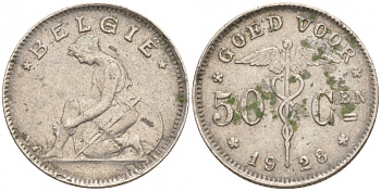 БЕЛЬГИЯ 50 САНТИМОВ 1928 BELGIE KM 88 никель 214-736
